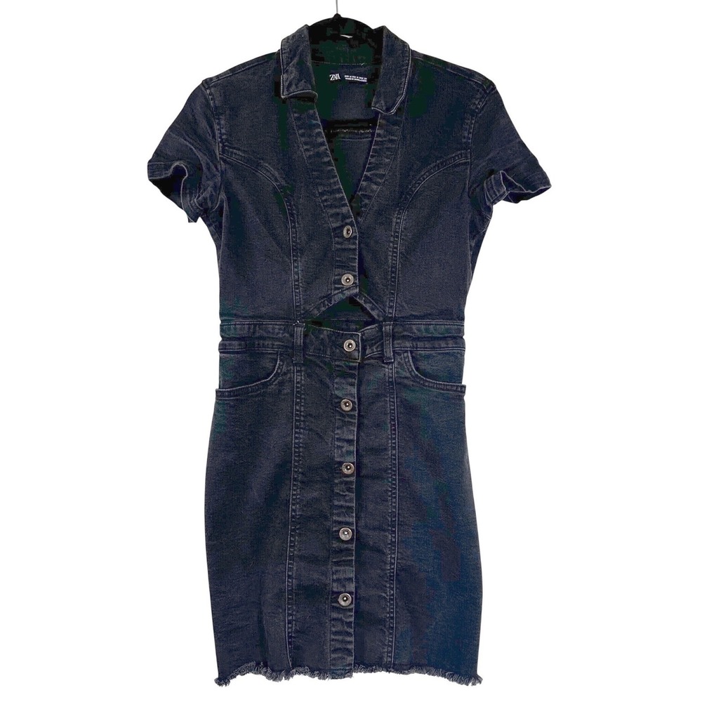 ZARA Black Denim Mini Dress Women's M Retro Edgy Keyhole Cutout Casual Chic